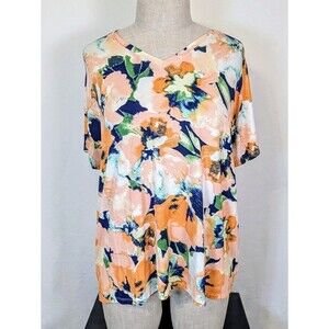 Wonderly XL Floral Blur V-Neck Short Sleeve Top Rayon Stretch NWT